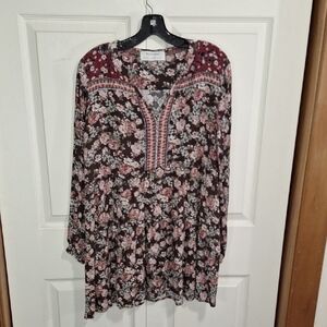 Haley London Relaxed Long Sleeve Tunic Mini Dress Peasant-L-Floral Black